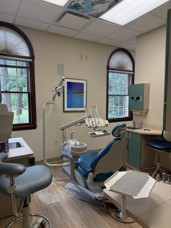 A treatment room with an arched window, wood floors, and a view of the trees